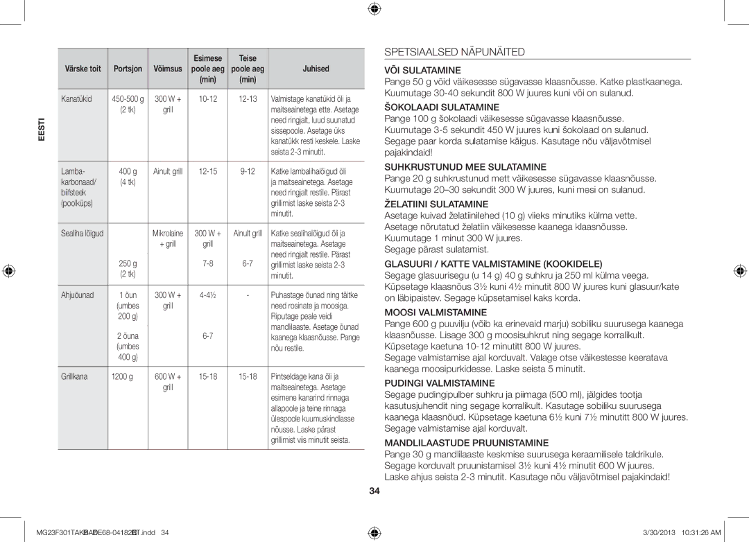 Samsung MG23F301TAK/BA manual Spetsiaalsed Näpunäited 