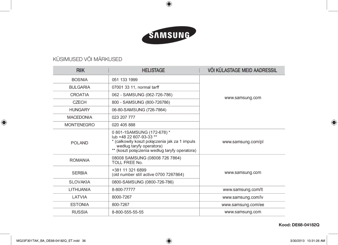 Samsung MG23F301TAK/BA manual Kood DE68-04182Q 