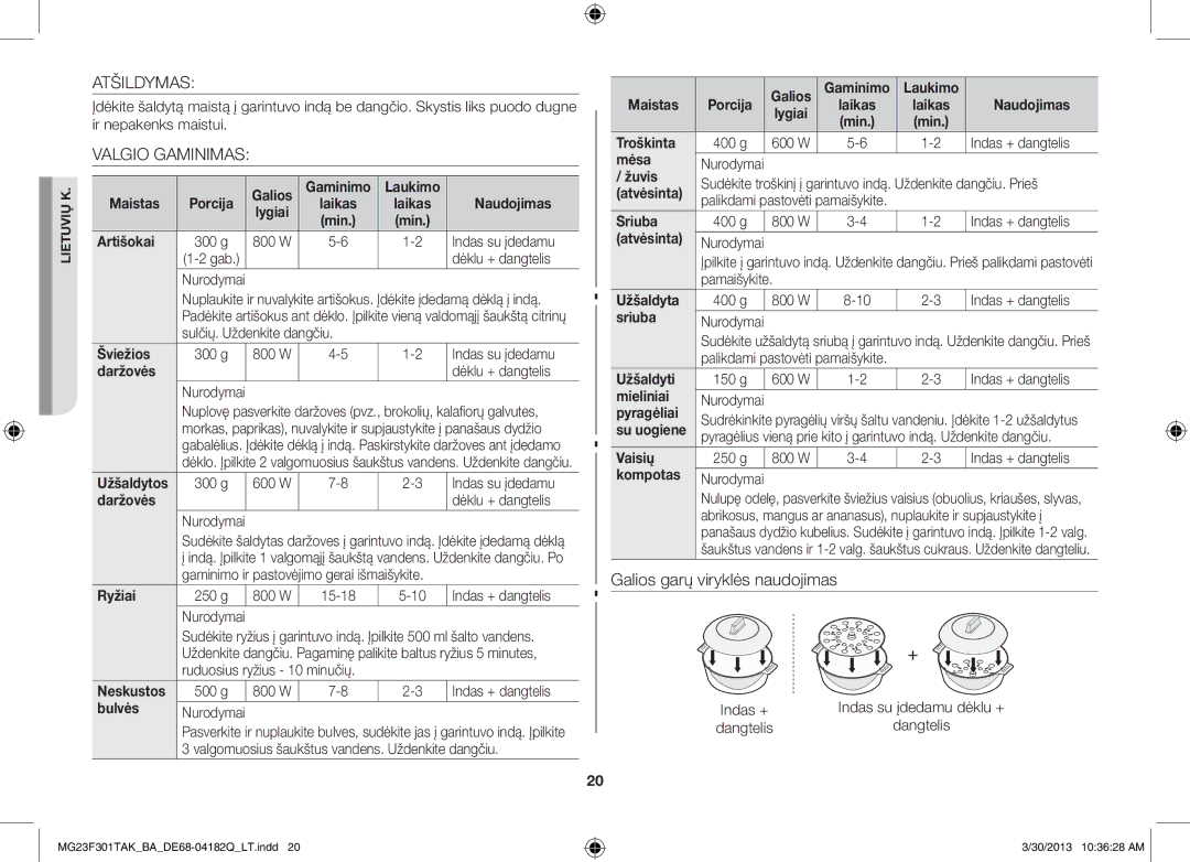 Samsung MG23F301TAK/BA manual Atšildymas, Valgio Gaminimas 