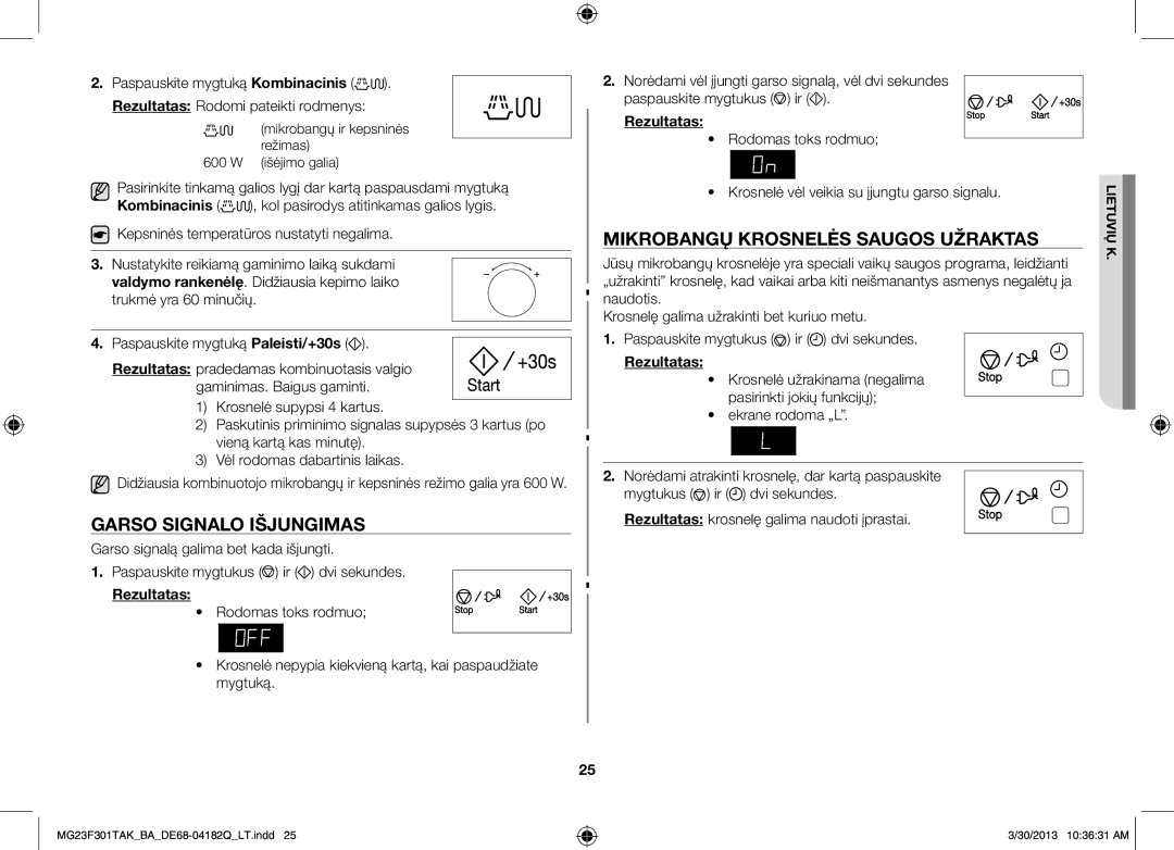 Samsung MG23F301TAK/BA manual Garso signalo išjungimas, Mikrobangų krosnelės saugos užraktas 