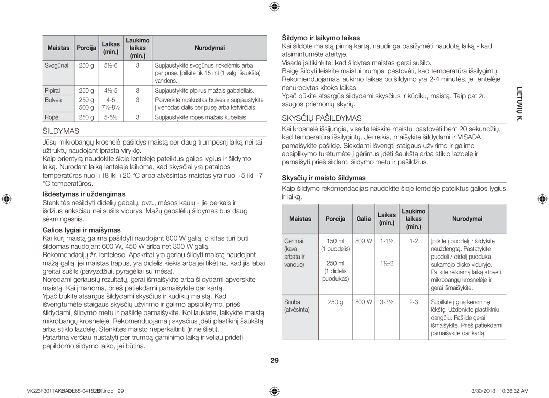 Samsung MG23F301TAK/BA manual Šildymas, Skysčių Pašildymas 