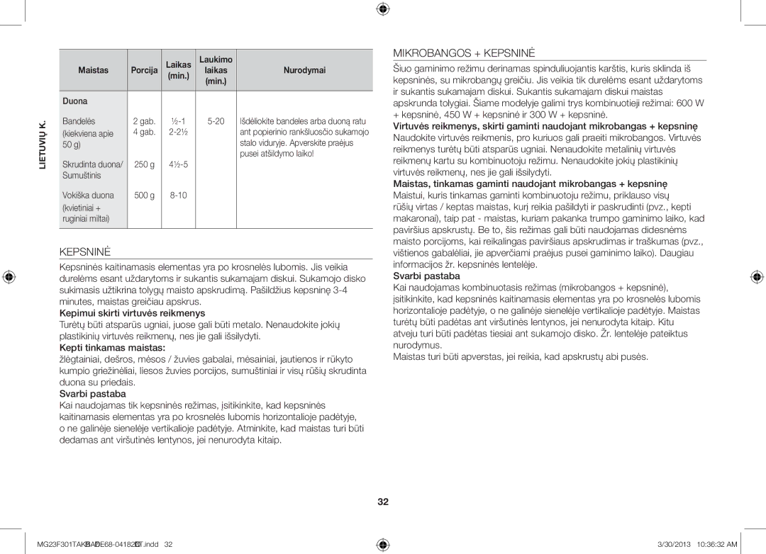 Samsung MG23F301TAK/BA manual Mikrobangos + Kepsninė 