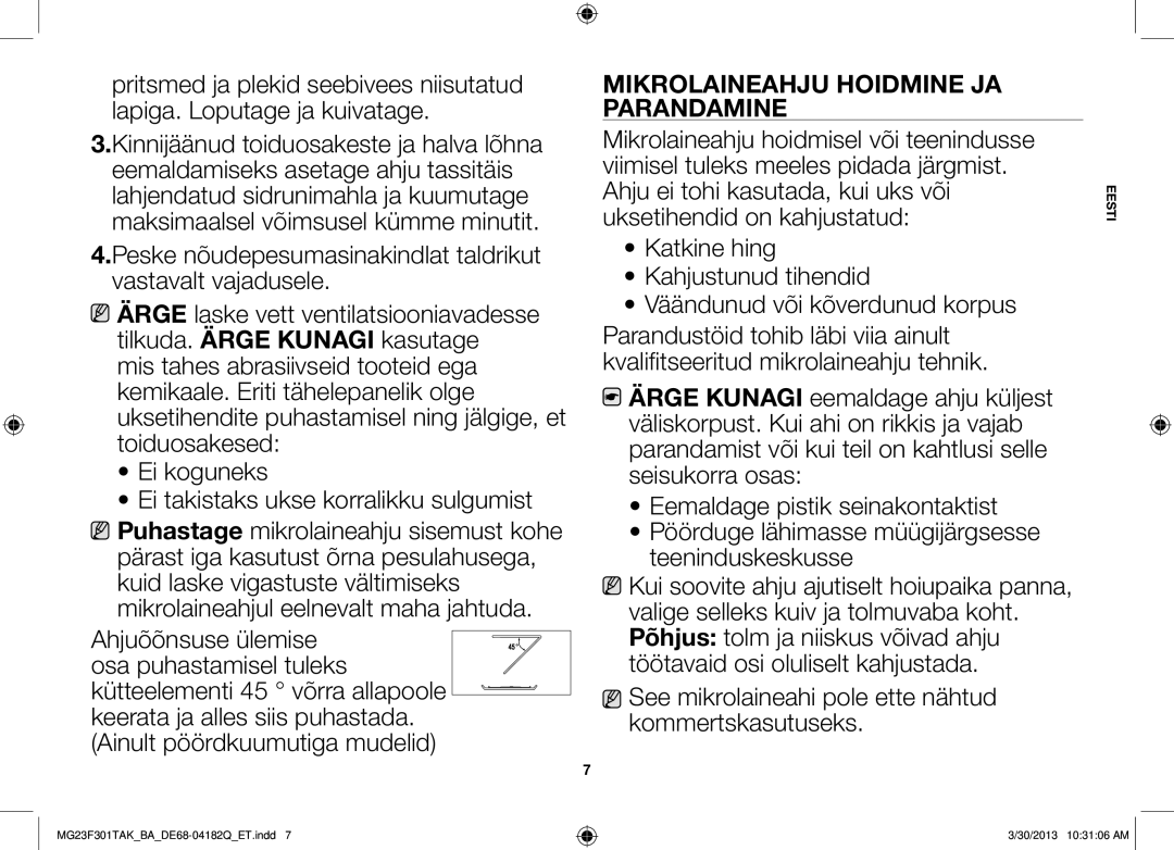 Samsung MG23F301TAK/BA manual Mikrolaineahju hoidmine ja parandamine 