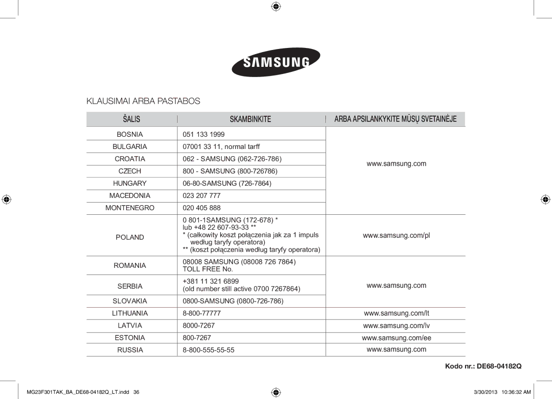 Samsung MG23F301TAK/BA manual Klausimai Arba Pastabos Šalis Skambinkite, Kodo nr. DE68-04182Q 