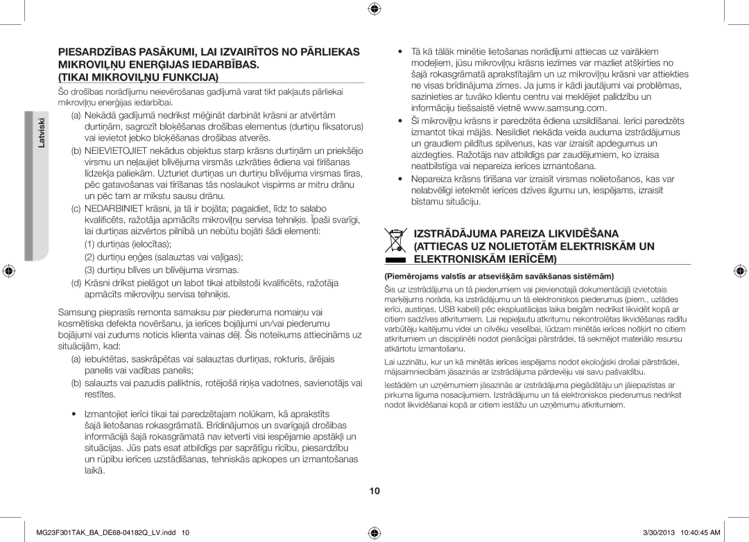 Samsung MG23F301TAK/BA manual Piemērojams valstīs ar atsevišķām savākšanas sistēmām 