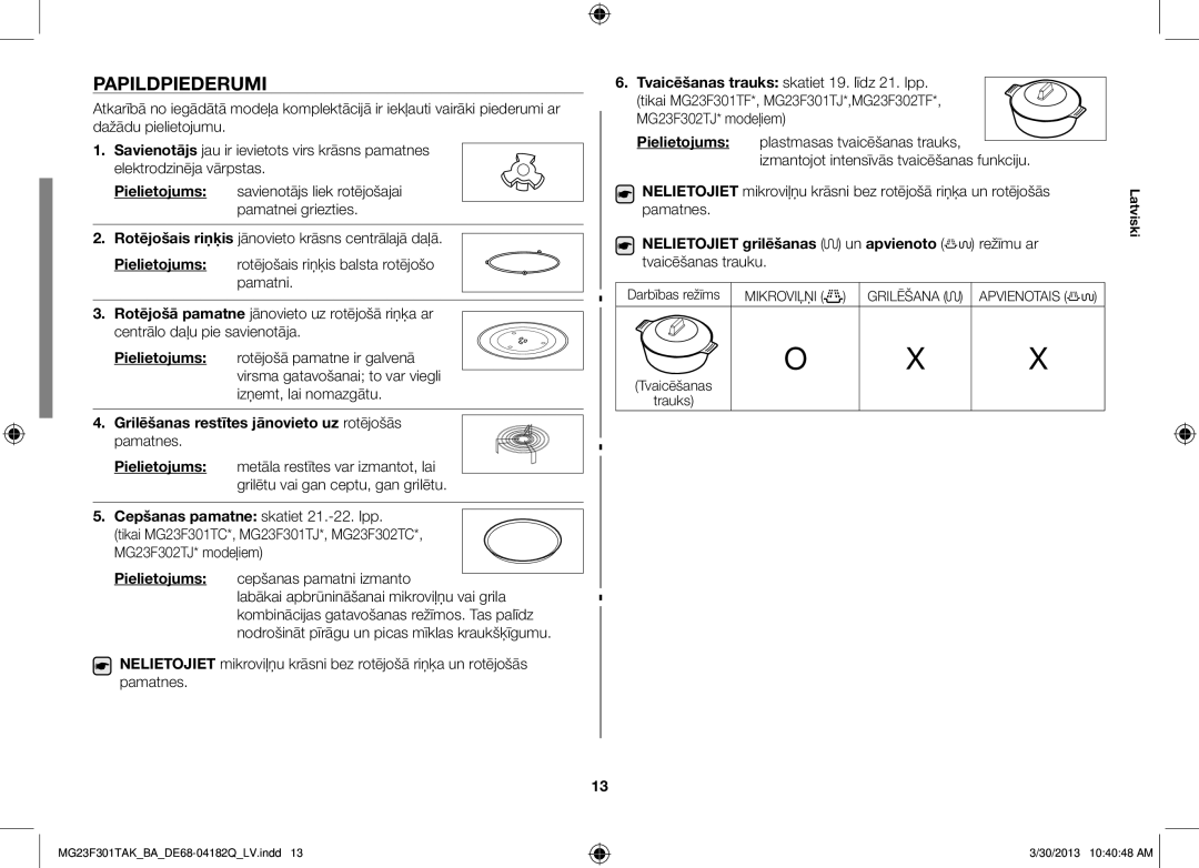 Samsung MG23F301TAK/BA manual Papildpiederumi, Grilēšanas restītes jānovieto uz rotējošās pamatnes, Tvaicēšanas trauku 