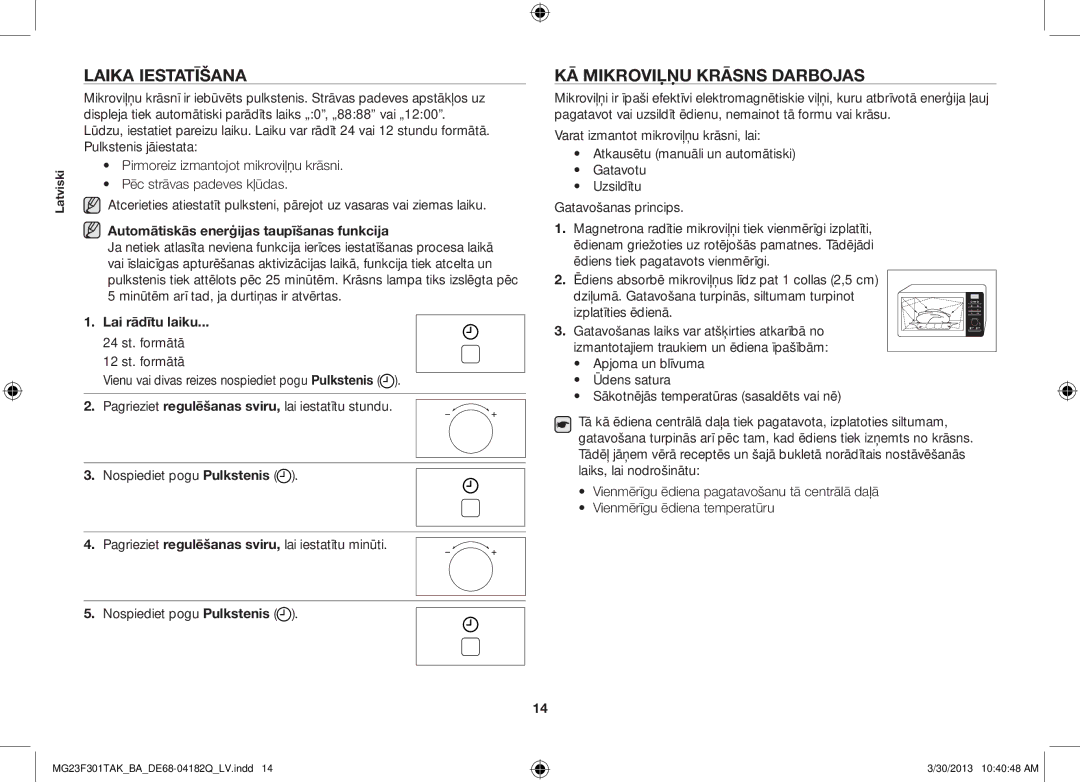 Samsung MG23F301TAK/BA manual Laika iestatīšana, Kā mikroviļņu krāsns darbojas, Automātiskās enerģijas taupīšanas funkcija 