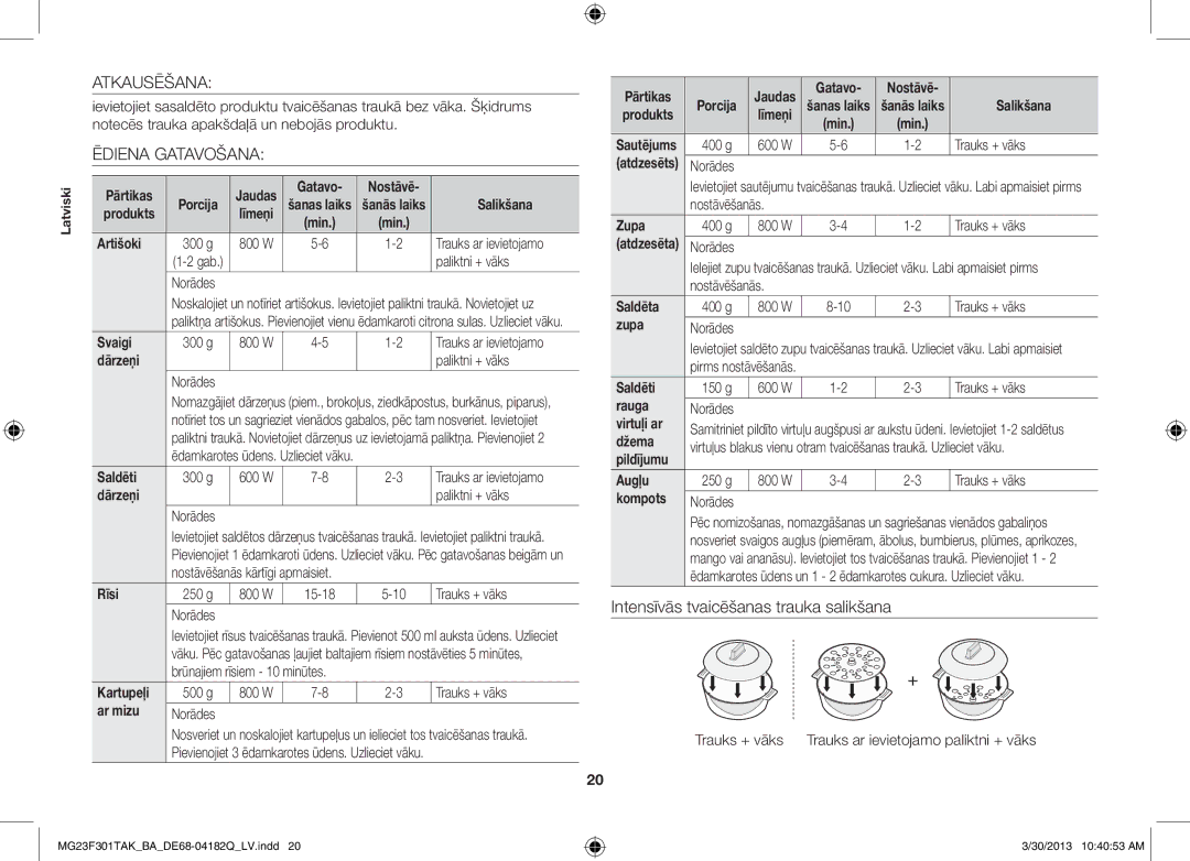 Samsung MG23F301TAK/BA manual Atkausēšana, Ēdiena Gatavošana 