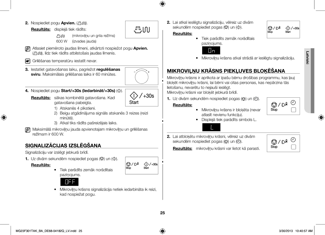 Samsung MG23F301TAK/BA manual Signalizācijas izslēgšana, Mikroviļņu krāsns piekļuves bloķēšana 