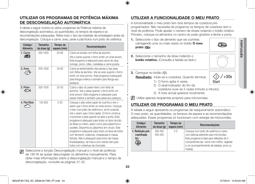 Samsung MG23F301TAK/EC manual Utilizar a Funcionalidade O MEU Prato, Utilizar OS Programas O MEU Prato, Fri a, Massa 