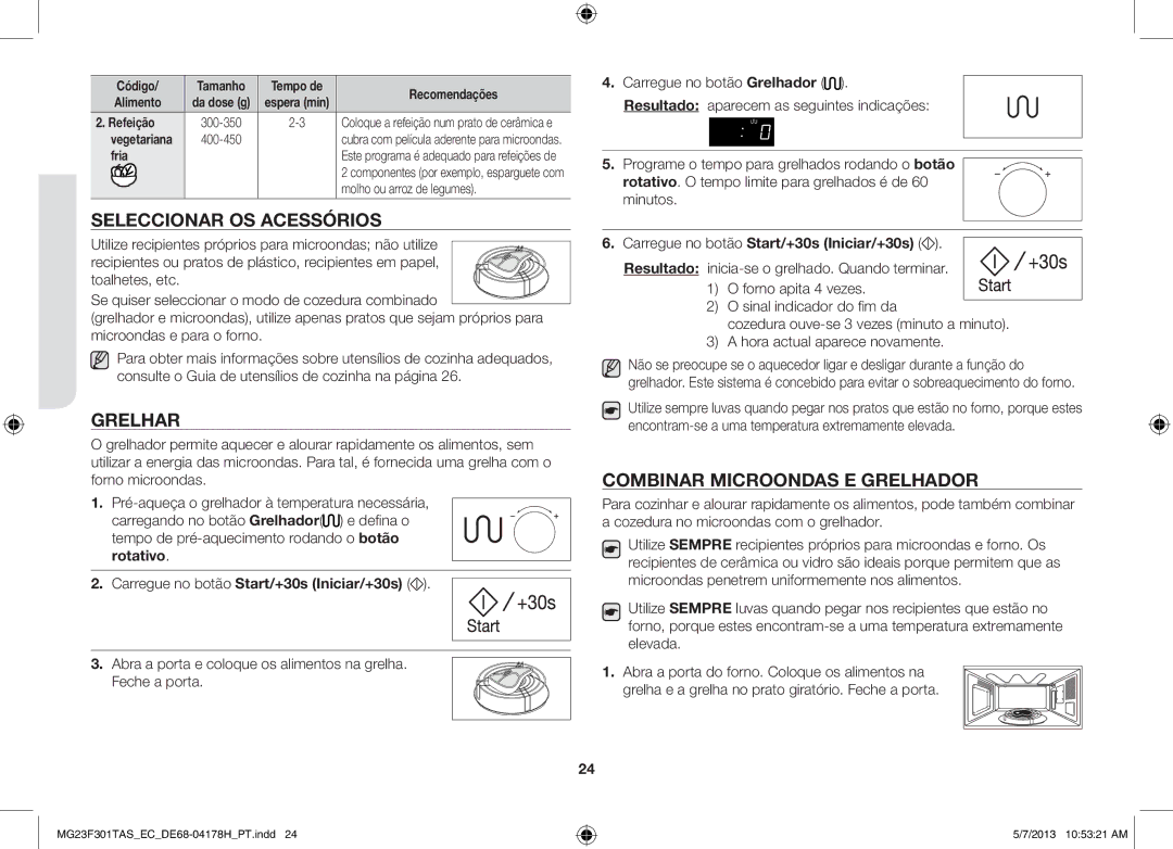 Samsung MG23F301TAK/EC manual Seleccionar OS Acessórios, Grelhar, Combinar Microondas E Grelhador 