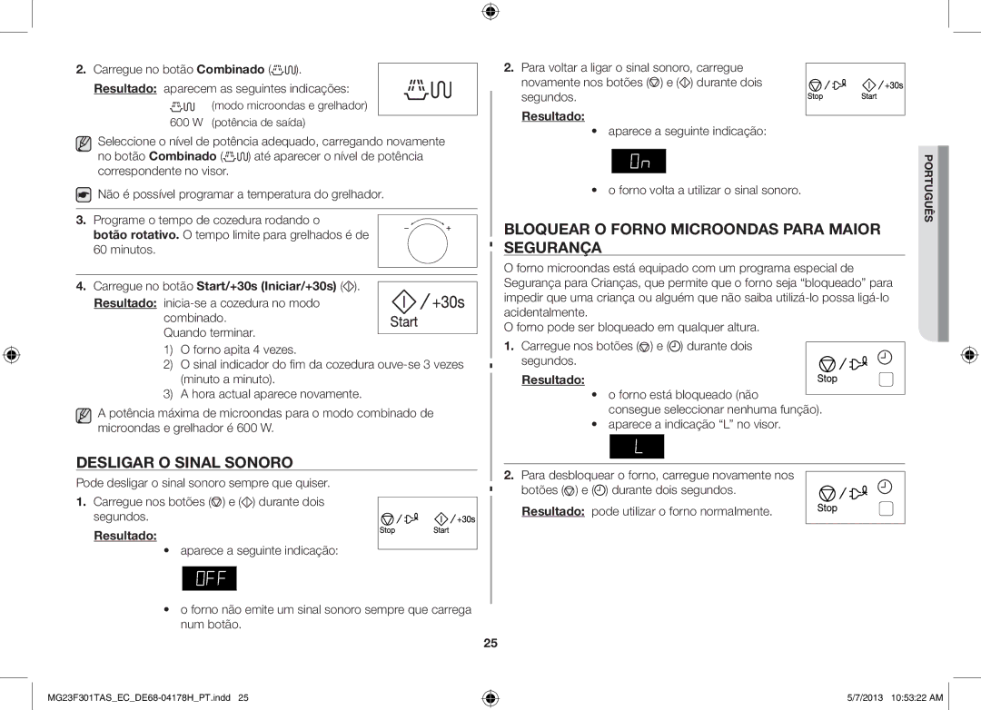 Samsung MG23F301TAK/EC manual Desligar O Sinal Sonoro, Bloquear O Forno Microondas Para Maior Segurança 