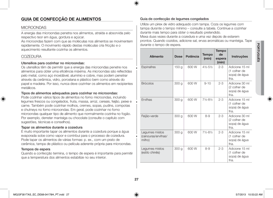 Samsung MG23F301TAK/EC manual Guia DE Confecção DE Alimentos, Tempo Alimento Dose, Instruções 