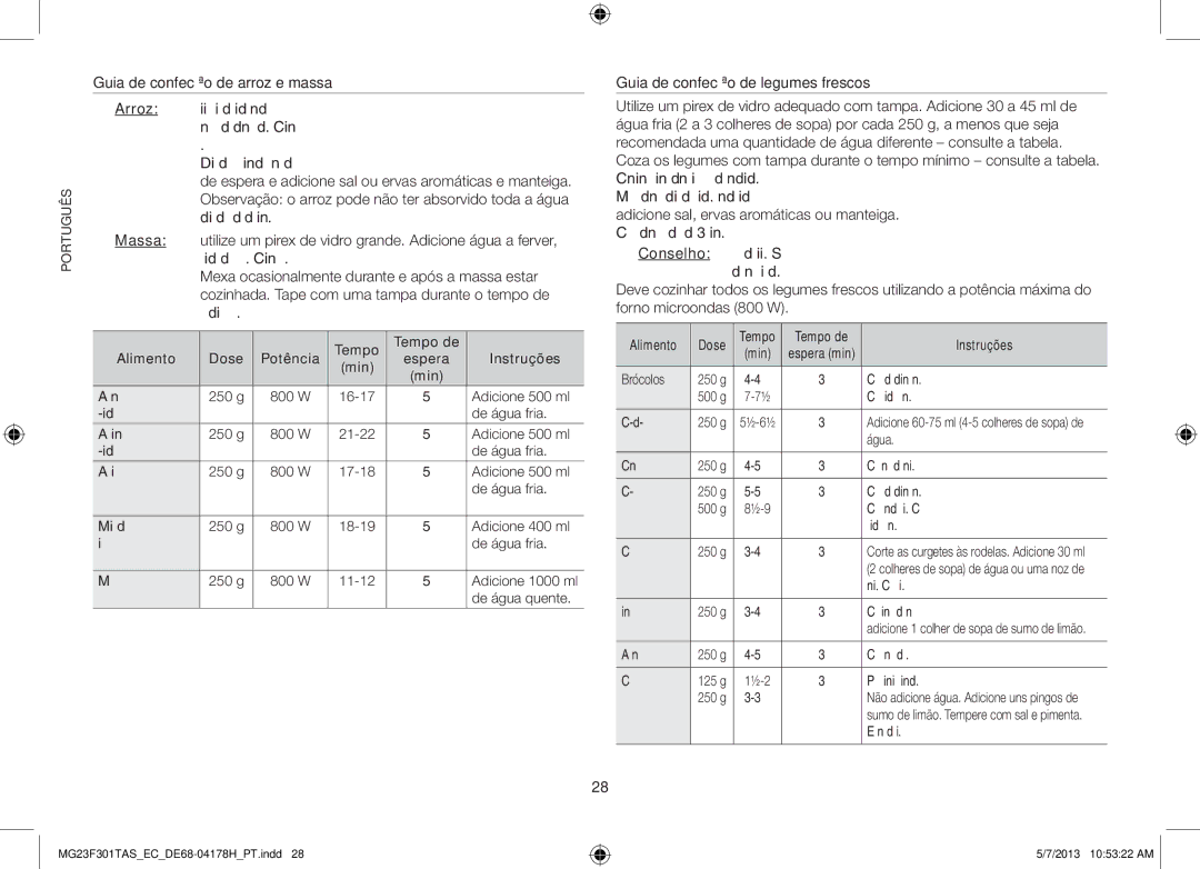 Samsung MG23F301TAK/EC manual Tempo Tempo de Alimento Dose 