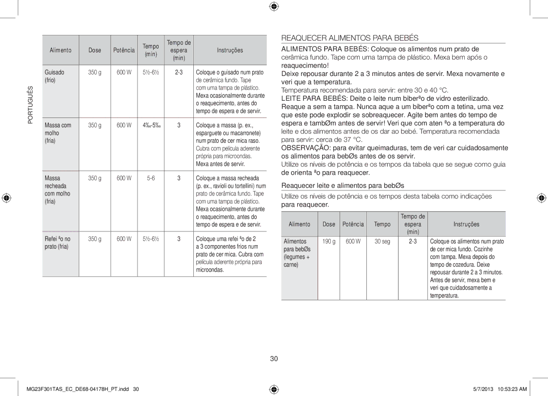 Samsung MG23F301TAK/EC manual Reaquecer Alimentos Para Bebés 