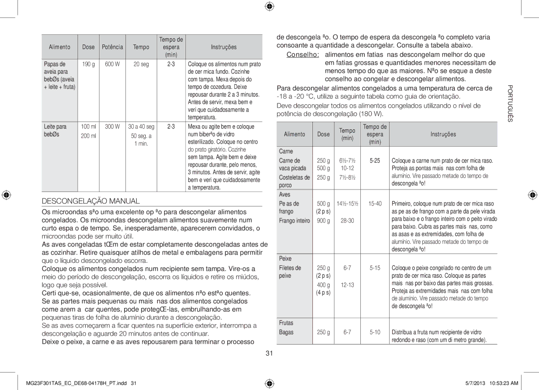 Samsung MG23F301TAK/EC manual Descongelação Manual 