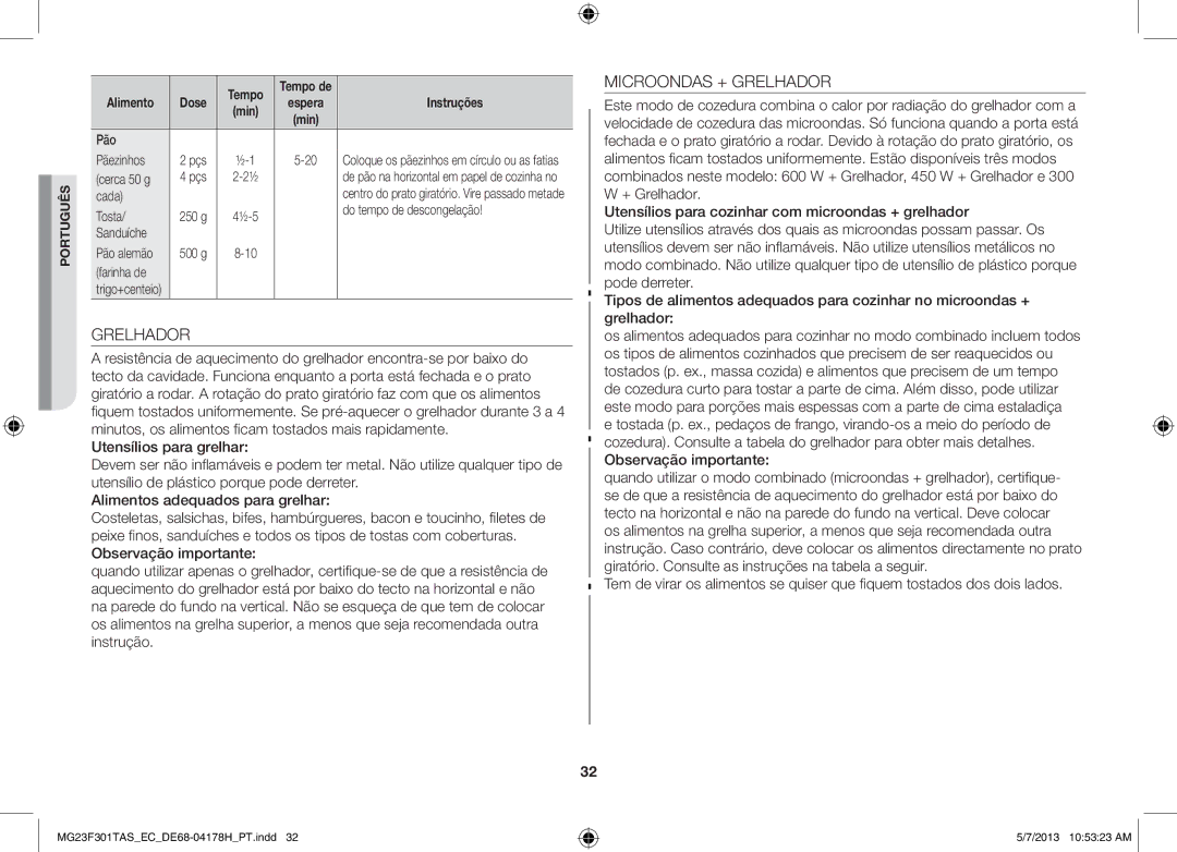 Samsung MG23F301TAK/EC manual Microondas + Grelhador 