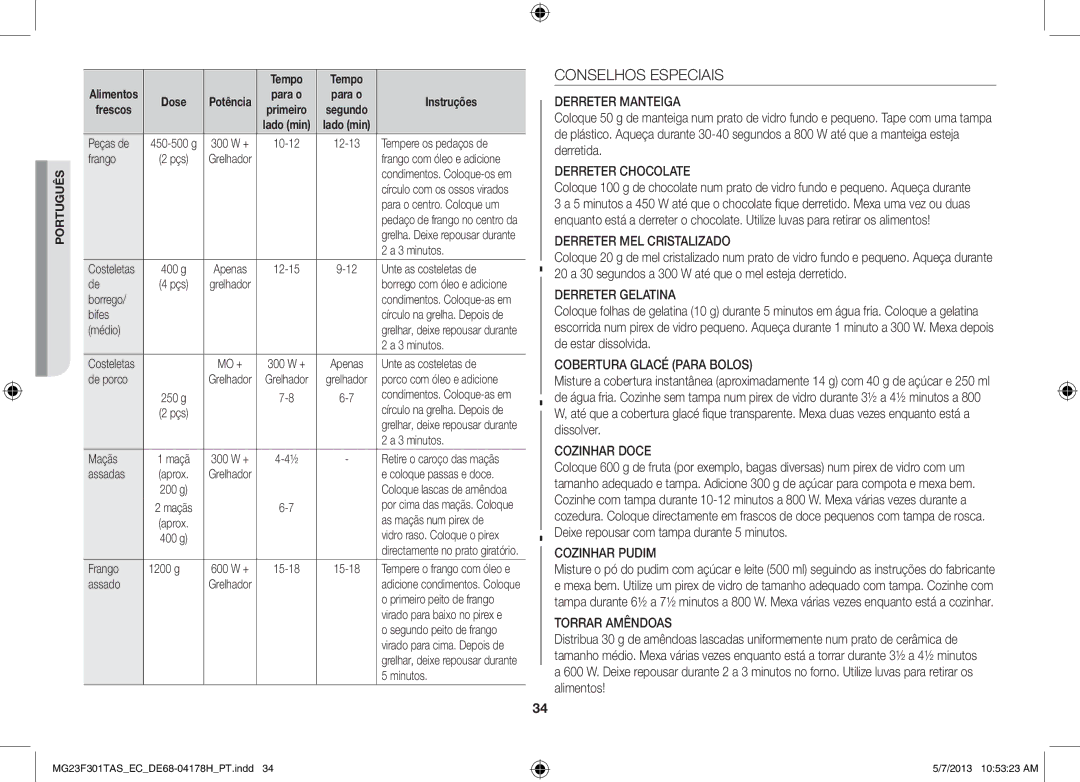 Samsung MG23F301TAK/EC manual Conselhos Especiais 