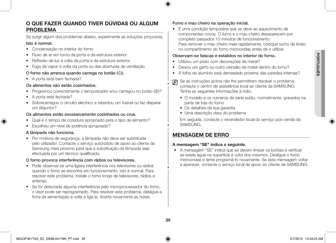 Samsung MG23F301TAK/EC QUE Fazer Quando Tiver Dúvidas OU Algum Problema, Mensagem DE Erro, Mensagem SE indica o seguinte 