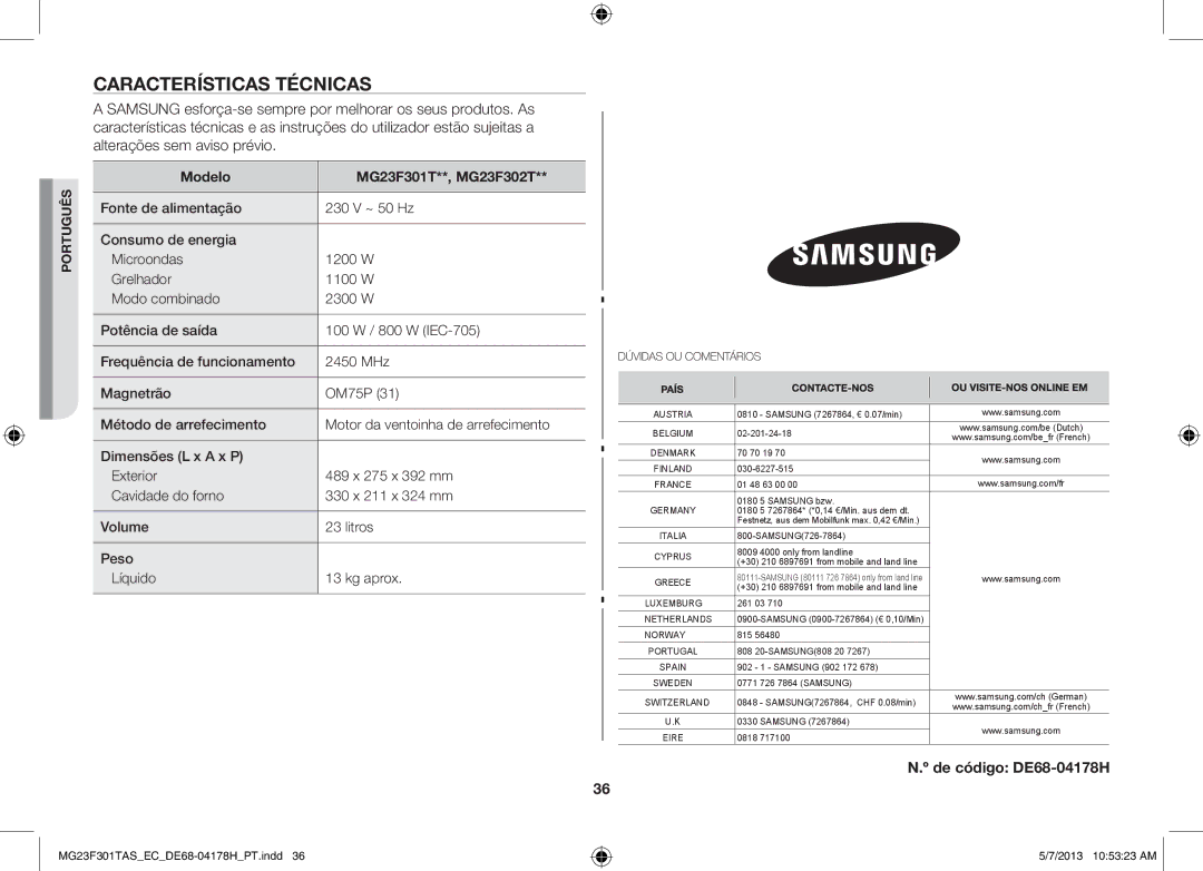 Samsung MG23F301TAK/EC manual Características Técnicas, Modelo MG23F301T**, MG23F302T 