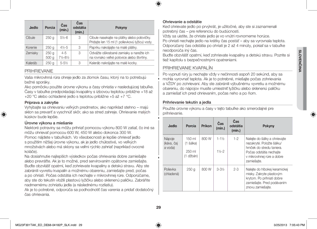 Samsung MG23F301TAK/EG, MG23F301TAK/EO manual Prihrievanie Kvapalín, Príkon 