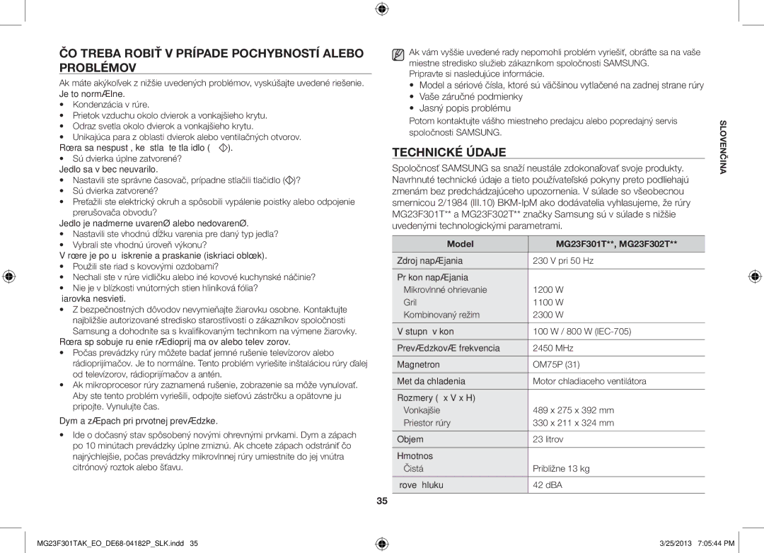 Samsung MG23F301TAK/EG, MG23F301TAK/EO manual Čo treba robiť v prípade pochybností alebo problémov, Technické údaje 