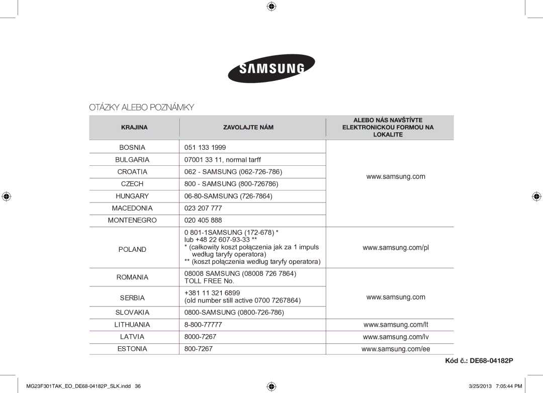 Samsung MG23F301TAK/EO, MG23F301TAK/EG manual 051 133, Kód č. DE68-04182P 