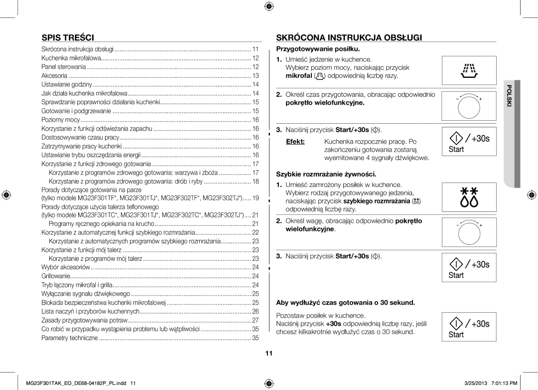 Samsung MG23F301TAK/EG Spis treści, Skrócona instrukcja obsługi, Przygotowywanie posiłku, Szybkie rozmrażanie żywności 