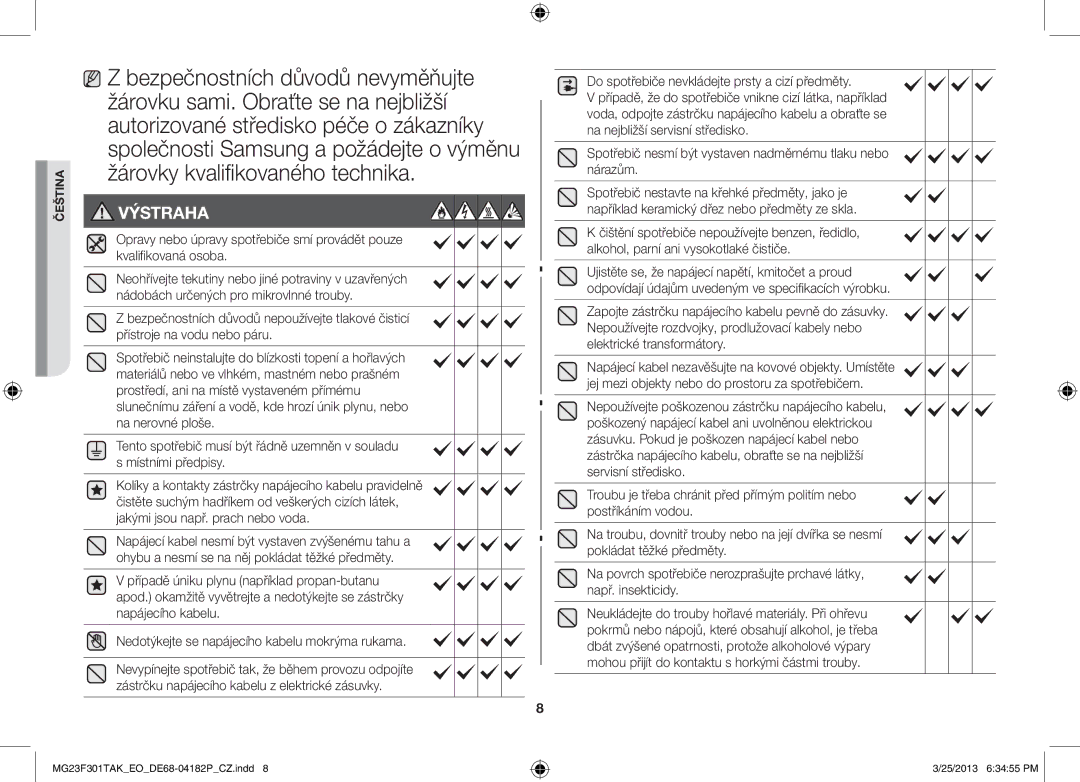 Samsung MG23F301TAK/EO, MG23F301TAK/EG manual Výstraha 