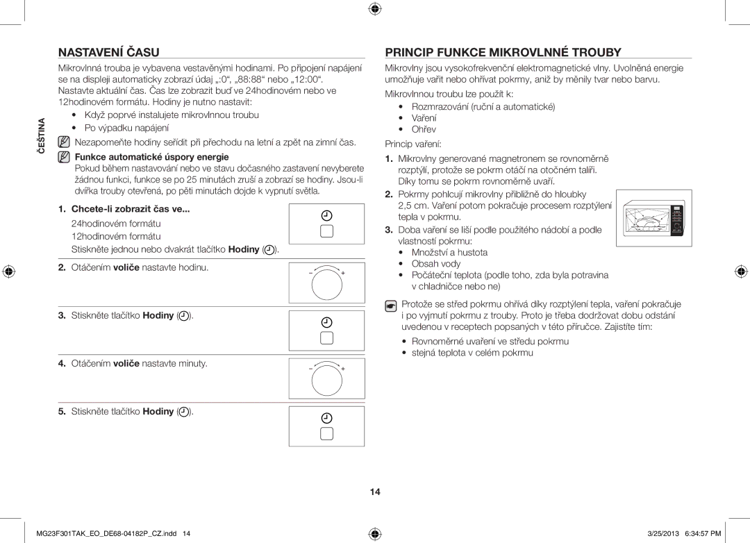 Samsung MG23F301TAK/EO, MG23F301TAK/EG Nastavení času, Princip funkce mikrovlnné trouby, Funkce automatické úspory energie 