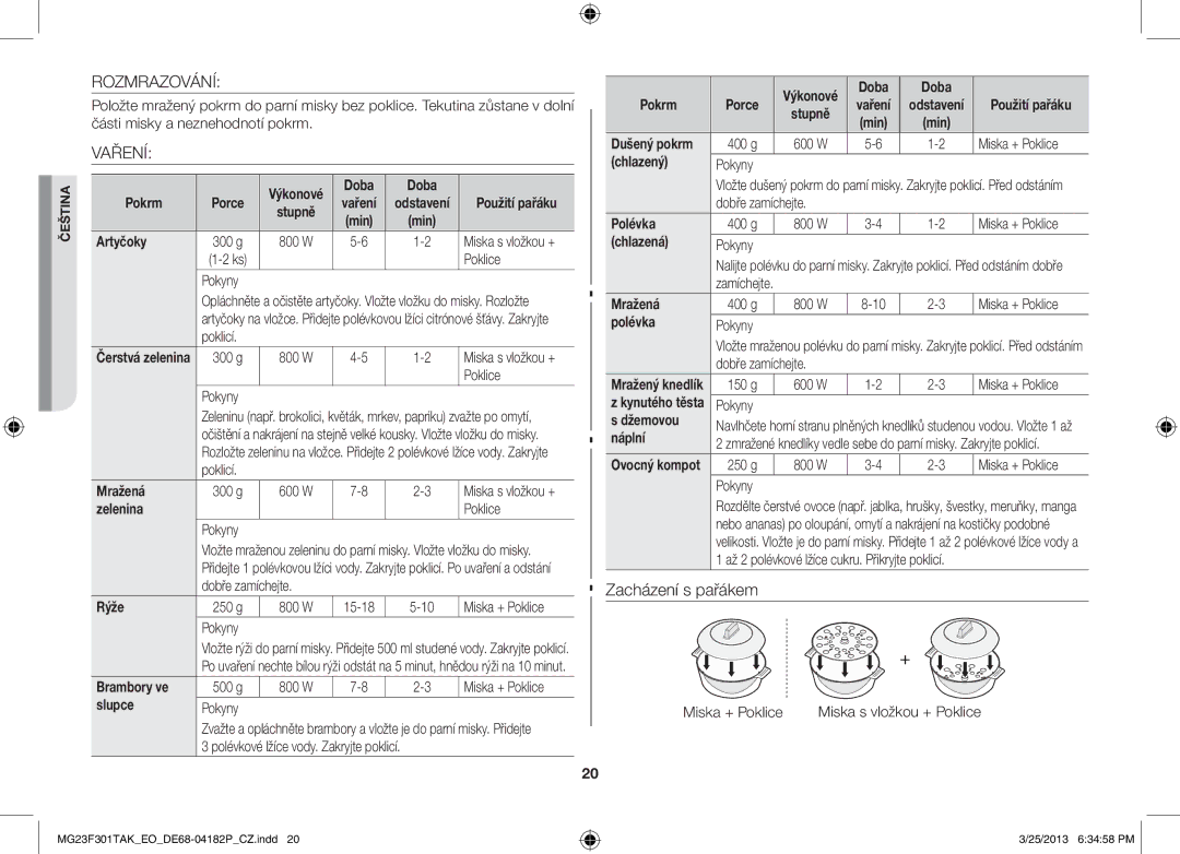 Samsung MG23F301TAK/EO, MG23F301TAK/EG manual Rozmrazování, Vaření 