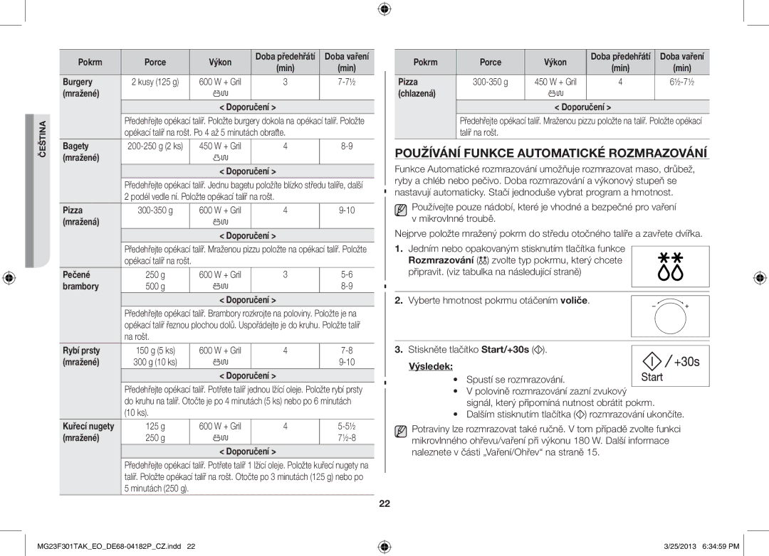 Samsung MG23F301TAK/EO, MG23F301TAK/EG manual Používání funkce automatické rozmrazování 