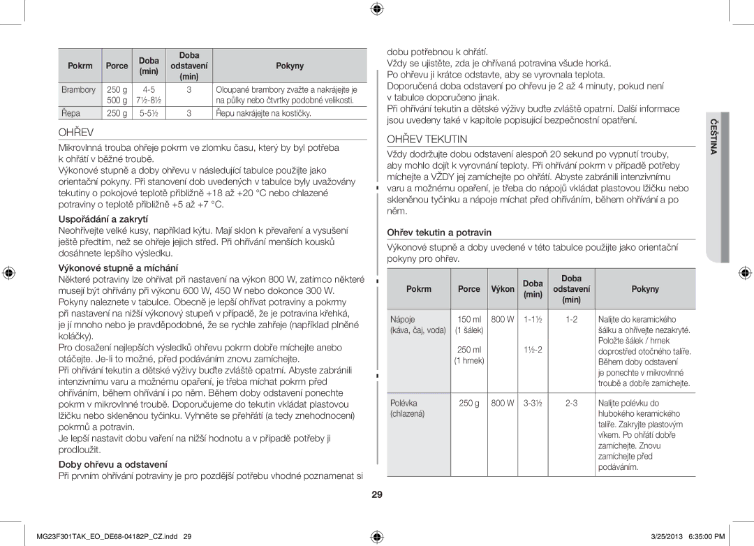 Samsung MG23F301TAK/EG, MG23F301TAK/EO manual Ohřev Tekutin, Dobu potřebnou k ohřátí 