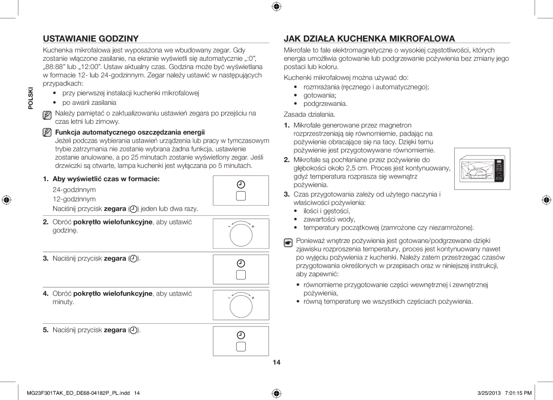 Samsung MG23F301TAK/EO, MG23F301TAK/EG manual Ustawianie godziny, Jak działa kuchenka mikrofalowa 