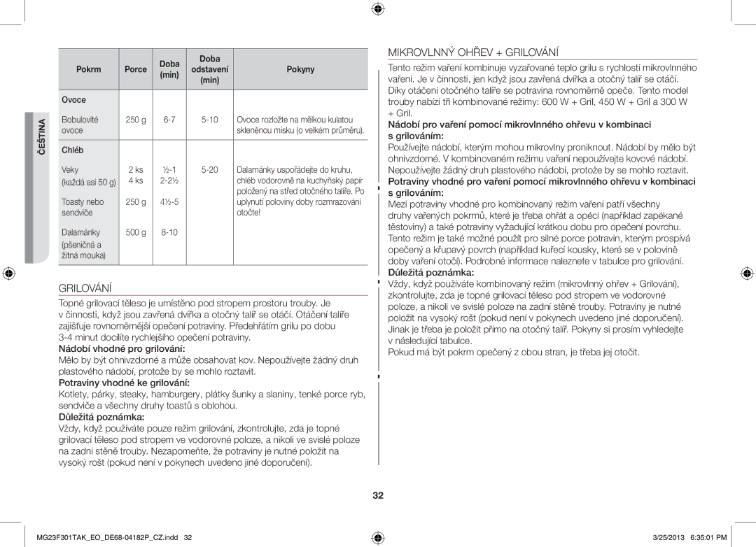 Samsung MG23F301TAK/EO, MG23F301TAK/EG manual Mikrovlnný Ohřev + Grilování 