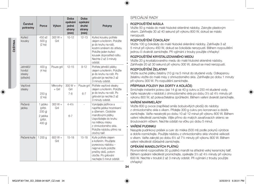 Samsung MG23F301TAK/EO, MG23F301TAK/EG manual Speciální Rady 