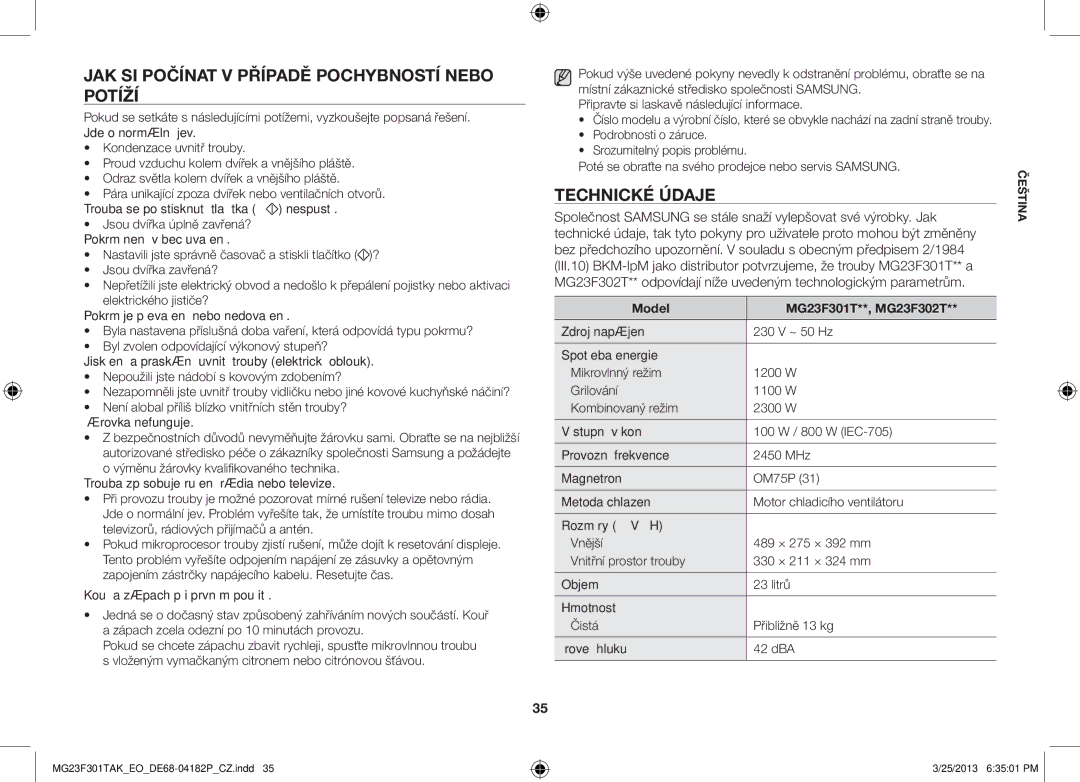 Samsung MG23F301TAK/EG, MG23F301TAK/EO manual Jak si počínat v případě pochybností nebo potíží, Technické údaje 