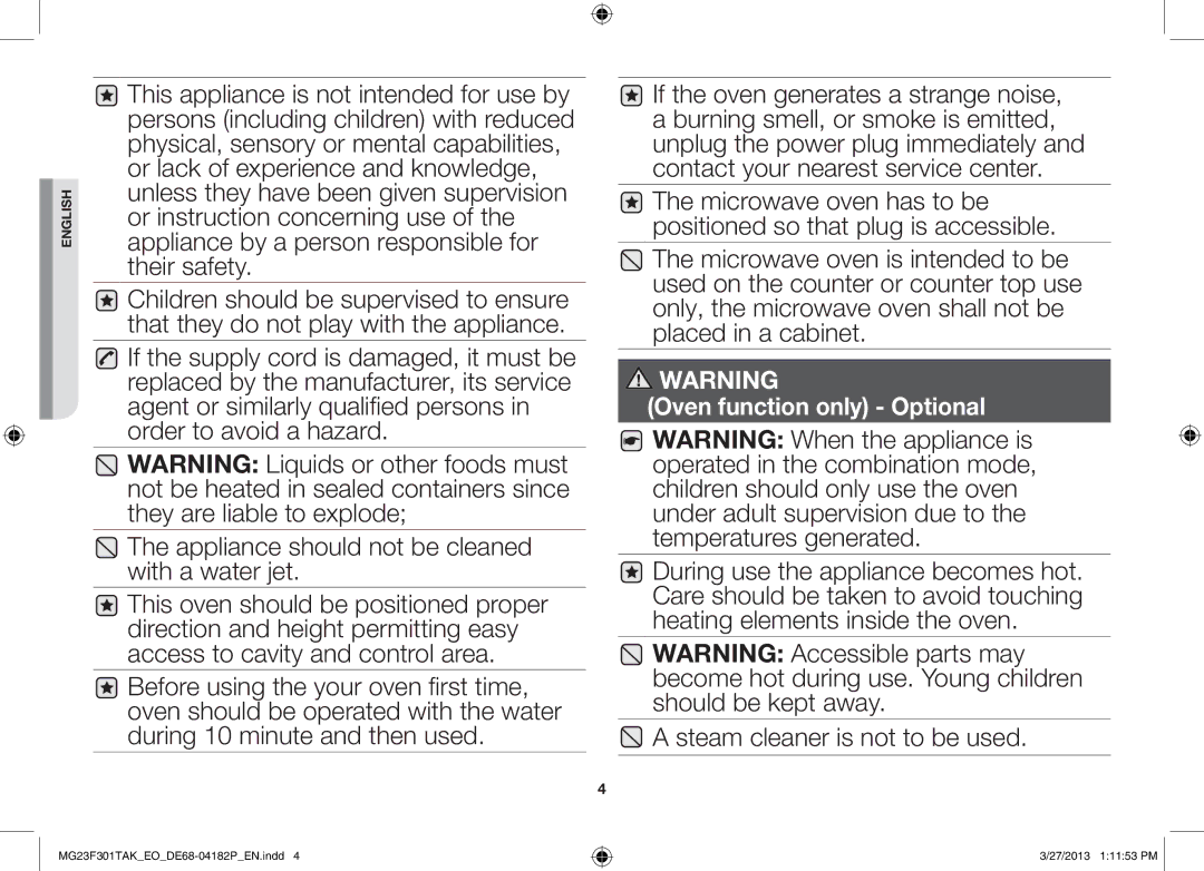 Samsung MG23F301TAK/EO, MG23F301TAK/EG manual Steam cleaner is not to be used, Oven function only Optional 