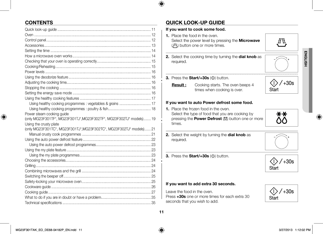 Samsung MG23F301TAK/EG, MG23F301TAK/EO manual Contents, Quick look-up guide 