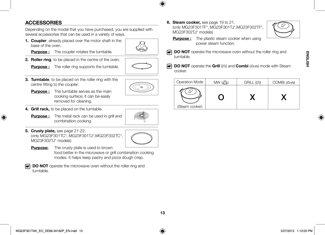 Samsung MG23F301TAK/EG, MG23F301TAK/EO manual Accessories, Operation Mode, Steam cooker 