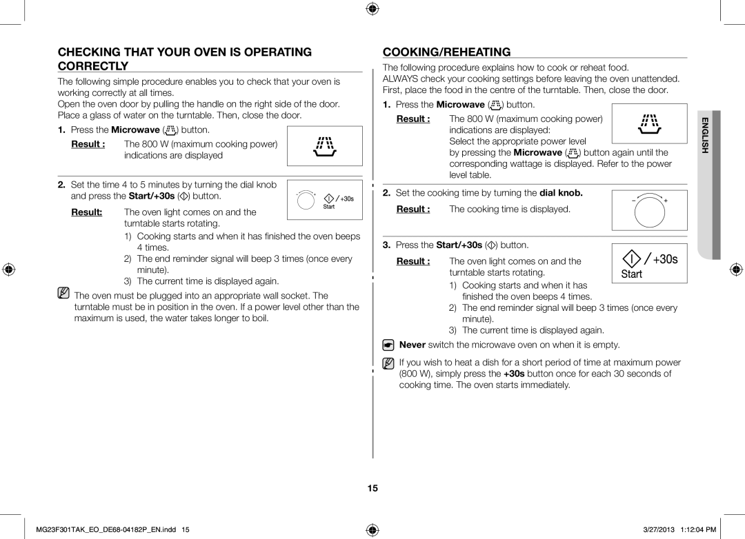 Samsung MG23F301TAK/EG Checking that your oven is operating correctly, Cooking/Reheating, Result, W maximum cooking power 