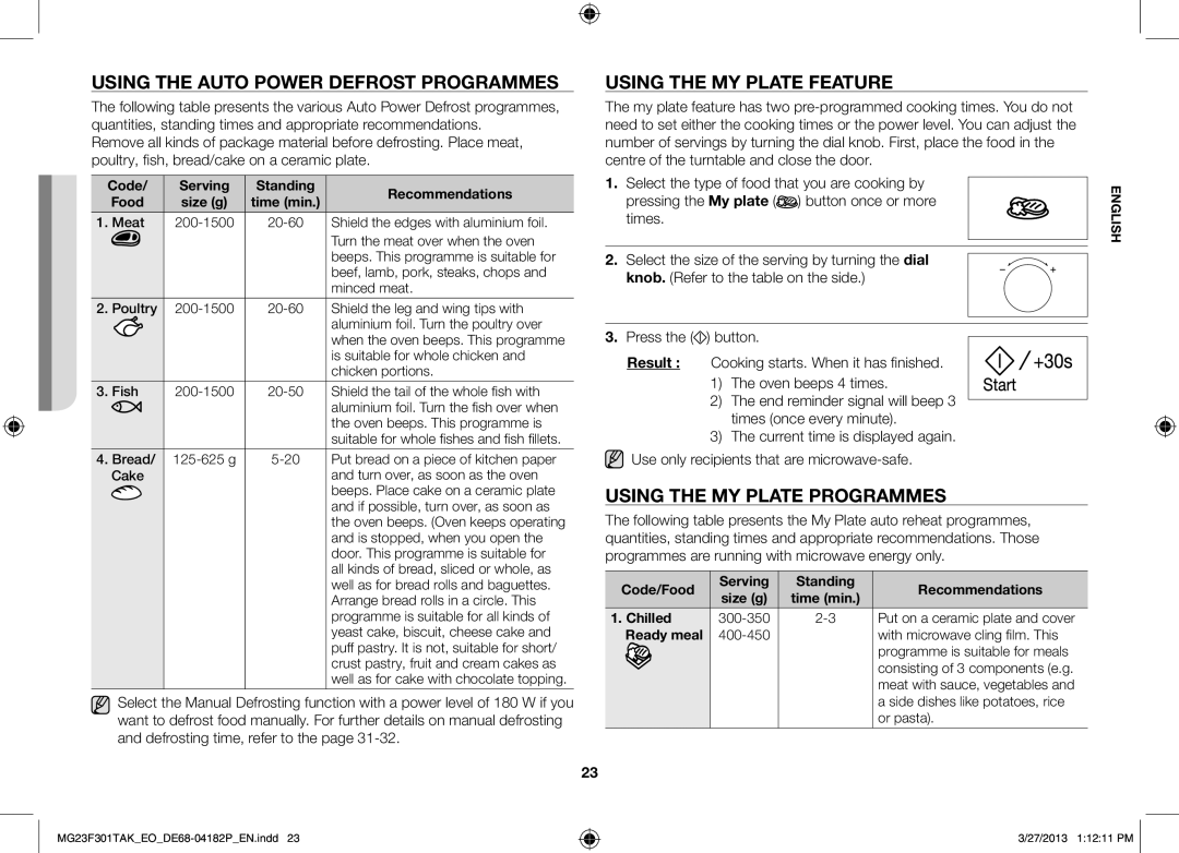 Samsung MG23F301TAK/EG Using the auto power defrost programmes, Using the my plate feature, Using the my plate programmes 