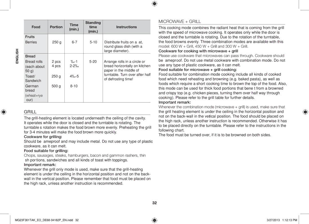 Samsung MG23F301TAK/EO, MG23F301TAK/EG manual Microwave + Grill, Time Standing Food Portion 