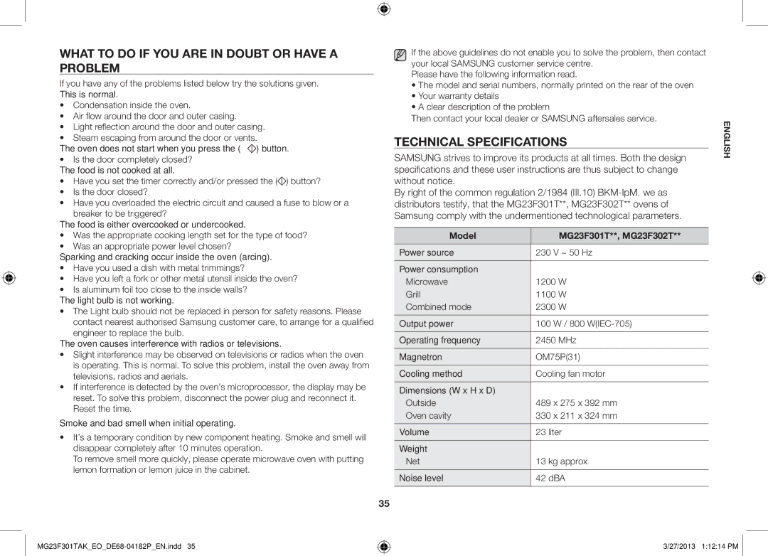 Samsung MG23F301TAK/EG, MG23F301TAK/EO manual What to do if you are in doubt or have a problem, Technical specifications 