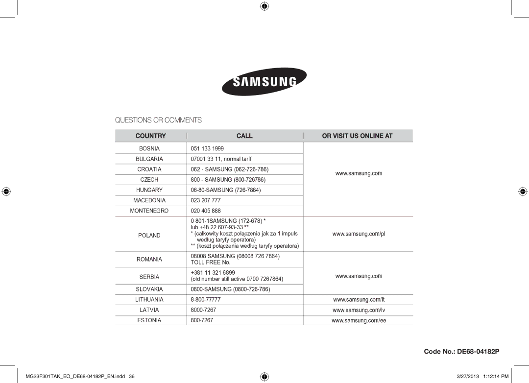 Samsung MG23F301TAK/EO, MG23F301TAK/EG manual Code No. DE68-04182P, Bosnia 