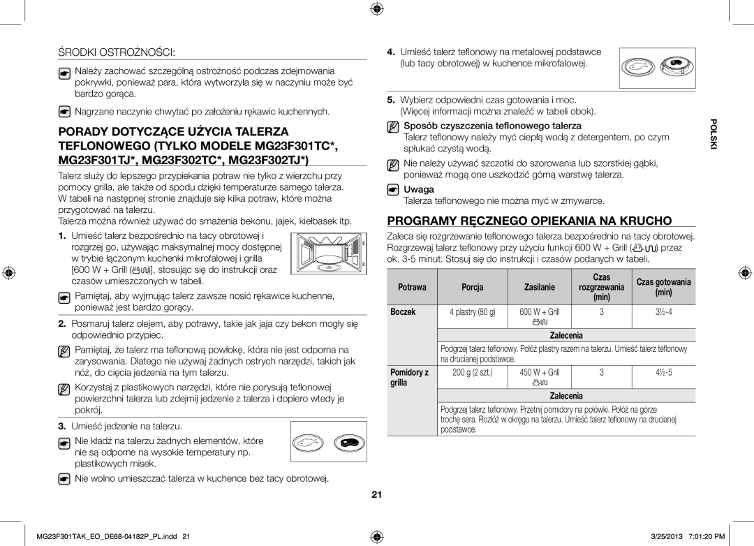 Samsung MG23F301TAK/EG, MG23F301TAK/EO manual Programy ręcznego opiekania na krucho, Środki Ostrożności 