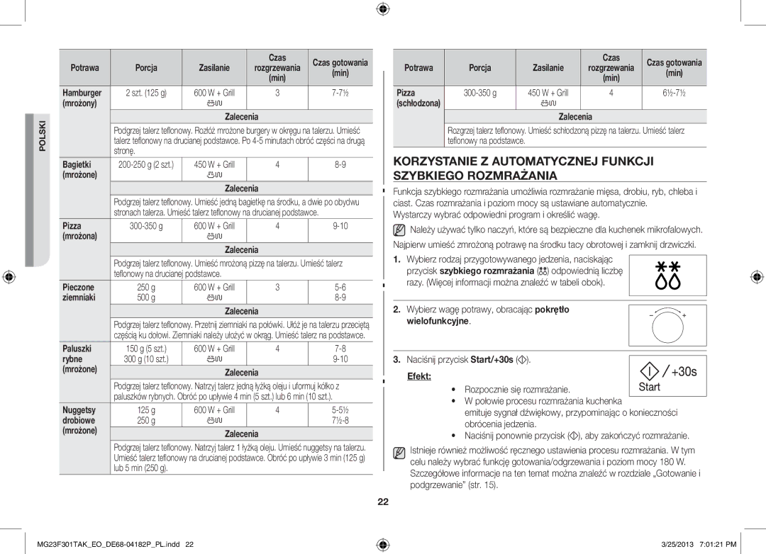 Samsung MG23F301TAK/EO, MG23F301TAK/EG manual Korzystanie z automatycznej funkcji szybkiego rozmrażania 