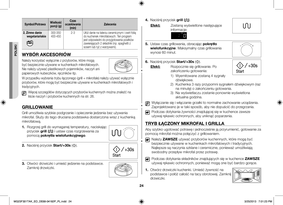 Samsung MG23F301TAK/EO manual Wybór akcesoriów, Grillowanie, Tryb łączony mikrofal i grilla, Sosem lub ryż z warzywami 