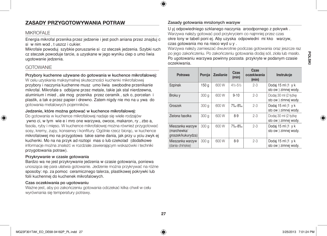 Samsung MG23F301TAK/EG, MG23F301TAK/EO manual Zasady przygotowywania potraw, Mikrofale, Czas Potrawa, Instrukcje, Min 