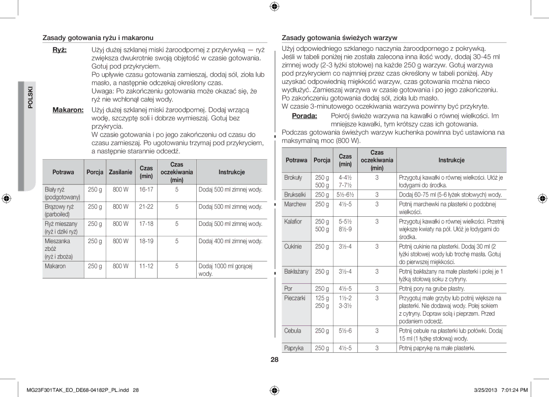 Samsung MG23F301TAK/EO, MG23F301TAK/EG manual Zasady gotowania świeżych warzyw 